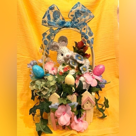 New! Handcrafted Easter Bunny Basket Floral Decor or Spring Centerpiece - Picture 3 of 7